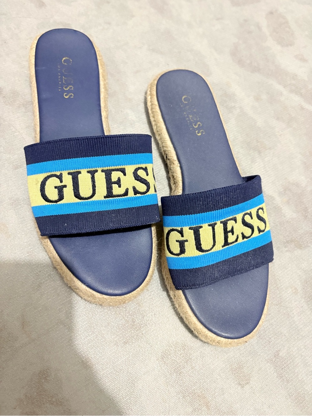 Guess Navy Slides with Yellow and Turquoise Stripe Logo